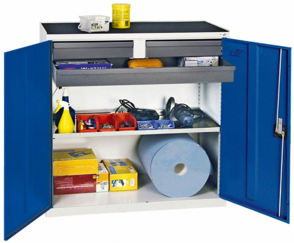 armoire à outils et matériaux contondants série 3000, 7035/5010, 2 tiroirs 100 mm, 1 tiroir 100 mm continu, 1 étagère à plateaux, 3007374