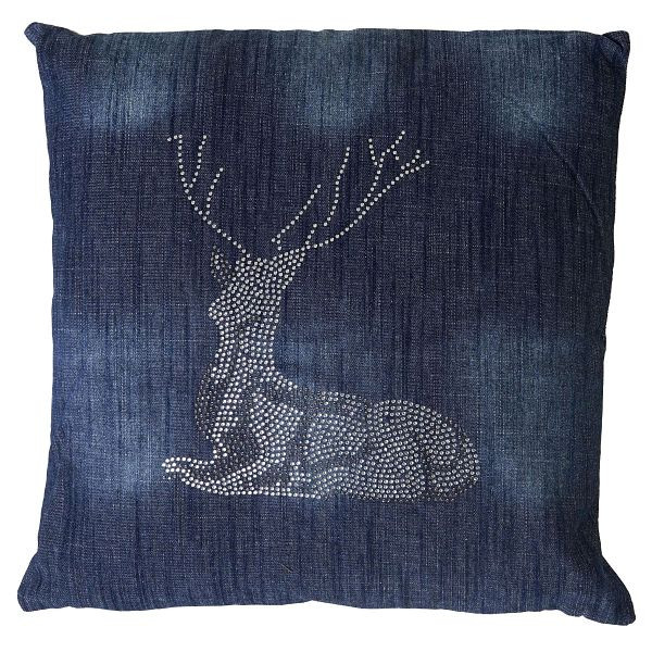 Mendler coussin déco cerf, coussin de canapé avec rembourrage, strass bleus 45x45cm, 51882