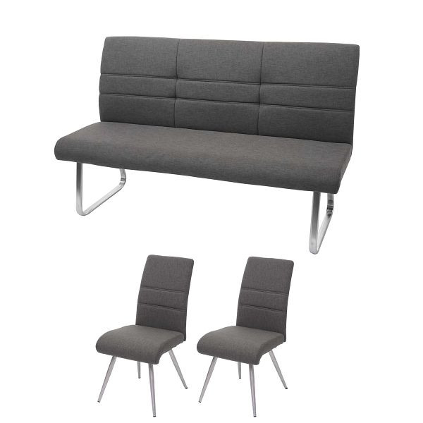 Mendler Set 2x chaise de salle à manger + banc HWC-G55, banc chaise de cuisine, tissu / textile acier inoxydable, banc gris-marron 180cm, 73577 + 73578 + 71708