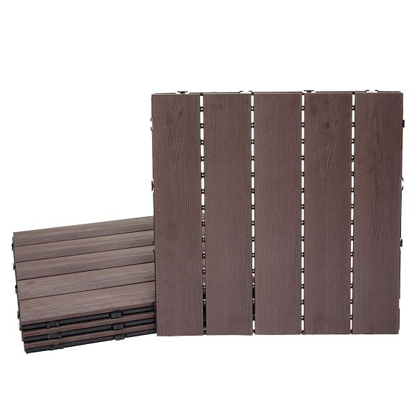 Carrelage de sol Mendler WPC HWC-E20, balcon/terrasse aspect bois, structure 3D linéaire, 4x chaque 50x50cm = 1m², brun foncé gaufré, 76705