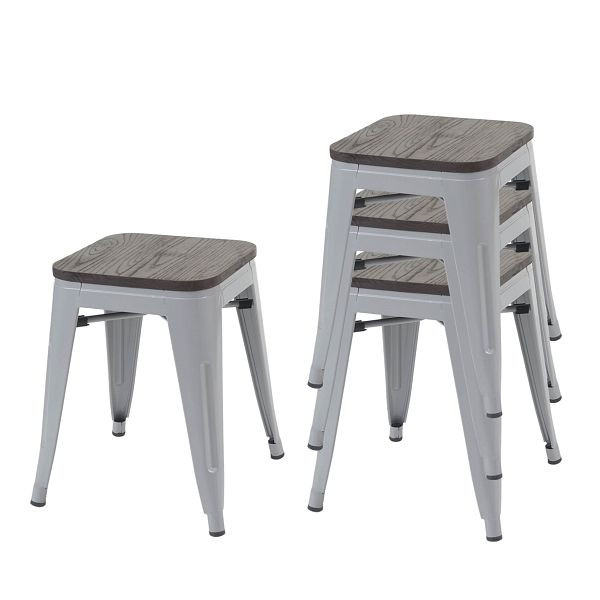 Ensemble de 4 tabourets Mendler HWC-A73 avec siège en bois, tabouret en métal, design industriel en métal empilable, gris, 70773
