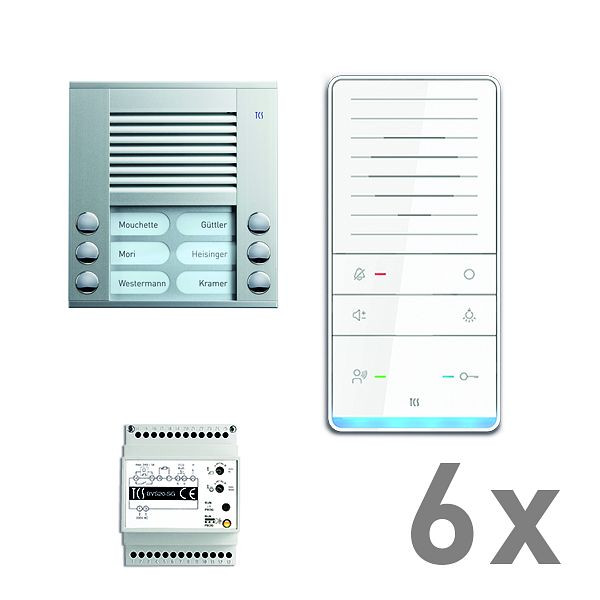 Système de commande de porte audio TCS : pack AP pour 6 unités résidentielles, avec poste extérieur PES 6 boutons de sonnerie, 6x haut-parleur mains libres ISW5031, unité de contrôle BVS20, PAAF062 / 001