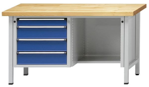 Établi d'armoire ANKE; 1500x700 mm; RAL 7035/5010; A gauche 4 tiroirs 90, 150, 150, 150 mm; Plancher en retrait à droite, modèle 349 V