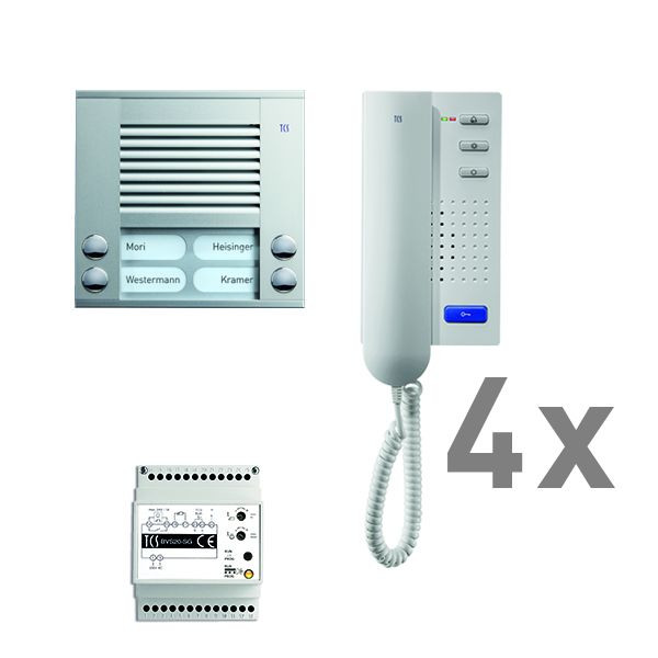 Système de contrôle de porte audio TCS : pack AP pour 4 unités résidentielles, avec poste extérieur PES 4 boutons de sonnerie, 4x interphones ISH3030, unité de contrôle BVS20, PAAH042 / 001