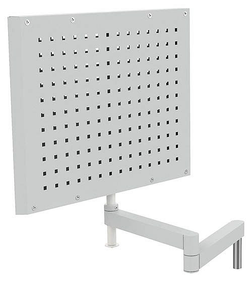 Bras pivotant Bedrunka+Hirth avec paroi perforée et fendue pour crochets et boîtes de petites pièces, dimensions en mm (LxPxH) : 600 x 40 x 500, 07.98.10