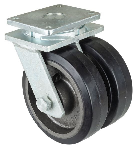 Rouleaux BS doubles charges lourdes, largeur de roue 2x75 mm, roue Ø 250 mm, capacité de charge 1500 kg, pneus élastiques noirs, corps de roue en fonte, roulements à billes, S100.B81.250