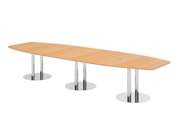 Table de conférence Hammerbacher KT40S, 400 x 130 cm, plateau : hêtre, épaisseur 25 mm, avec trois pieds colonnes chromés, 7,6/70 cm, hauteur de travail 74 cm, VKT40S/6/C
