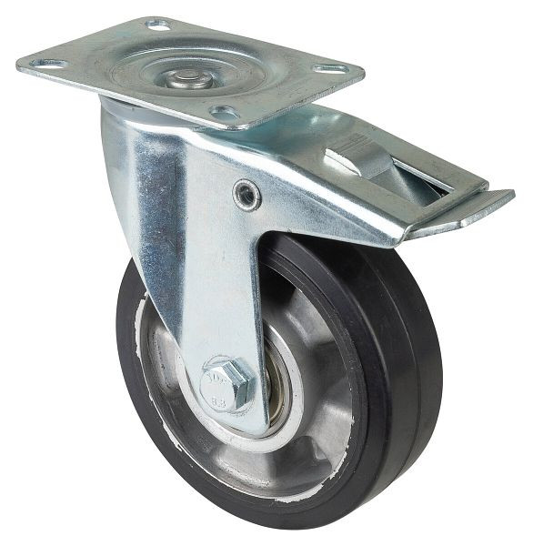 Rouleau de transport BS rollers avec frein, largeur 40 mm, Ø125 mm, jusqu'à 150 kg, pneus élastiques noirs, corps de roue en aluminium, roulements à billes, LS420.B80.125
