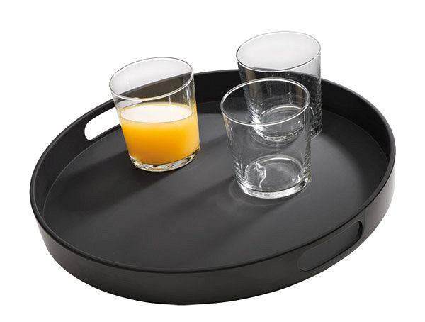 Plateau APS -BISTRO-, Ø 35,5 cm, hauteur : 4,5 cm, mélamine, noir, antidérapant, avec 2 poignées encastrées, bord empilable, 84045