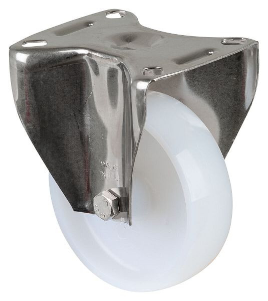 Rouleau de transport BS rollers en acier inoxydable, largeur de roue 30 mm, Ø roue 100 mm, capacité de charge 130 kg, bande de roulement/corps de roue en plastique, palier lisse, plaque, H110.A90.100