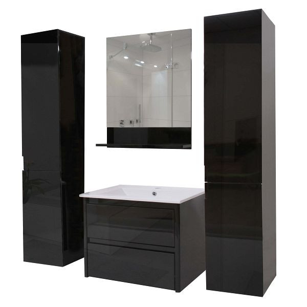 Ensemble de salle de bain Mendler HWC-B19, miroir mural pour lavabo 2x armoire murale, brillant, noir, 57619+57614+57620+2x57622