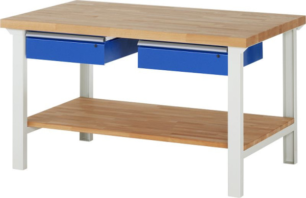 Etabli RAU série 7000 - conception modulaire, 2 tiroirs bas, étagère en hêtre massif, 1500x840x900 mm, 03-7002A7-159B4S.11