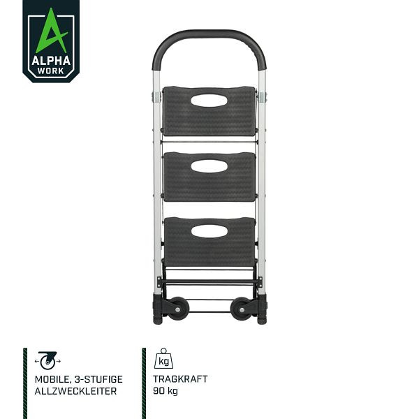 Échelle/chariot de transport polyvalent Alpha Work Mobile, pliable, 3 marches, capacité de charge de 90 kg comme chariot, 05902