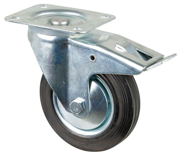 Rouleau de transport BS rollers avec frein, largeur 40 mm, Ø160 mm, jusqu'à 135 kg, caoutchouc noir, roulement à rouleaux, plaque, lot de 2, L420.B55.161