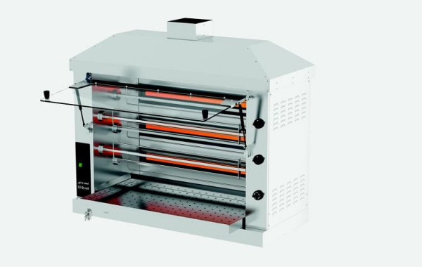 Grill pour poulets à gaz ROLLER GRILL CGRG3C-5, 5 brochettes pour 12-15 poulets, zone de réchaud en bas, portes vitrées, gaz 14,1 kW, GCRG3C-5
