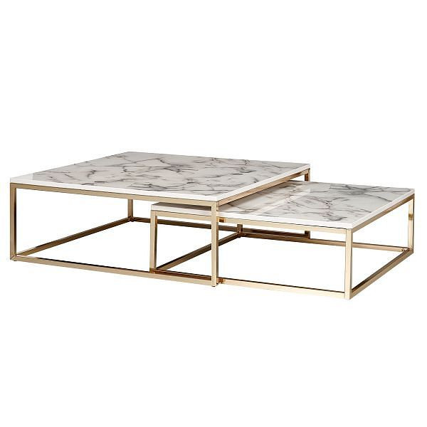 Wohnling Design - Lot de 2 tables basses carrées aspect marbre blanc, WL6.246