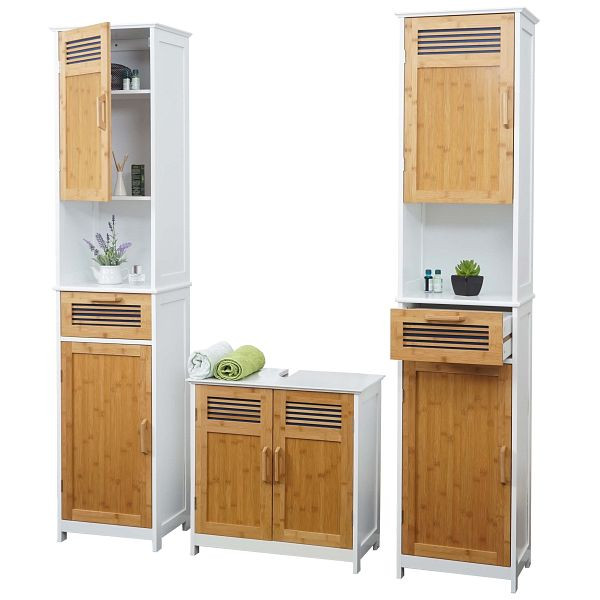 Ensemble de salle de bain Mendler HWC-A85, meuble de salle de bain 2x meuble sous vasque haut bambou, blanc, 2x57142+57146
