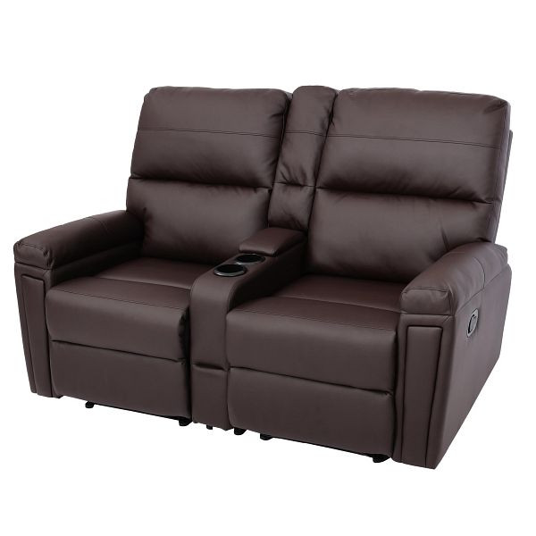 Chaise de cinéma 2 places Mendler HWC-K17, chaise relax, chaise TV, canapé, suspension nosag, compartiment porte-gobelet, simili cuir marron, 89369+89370+89371