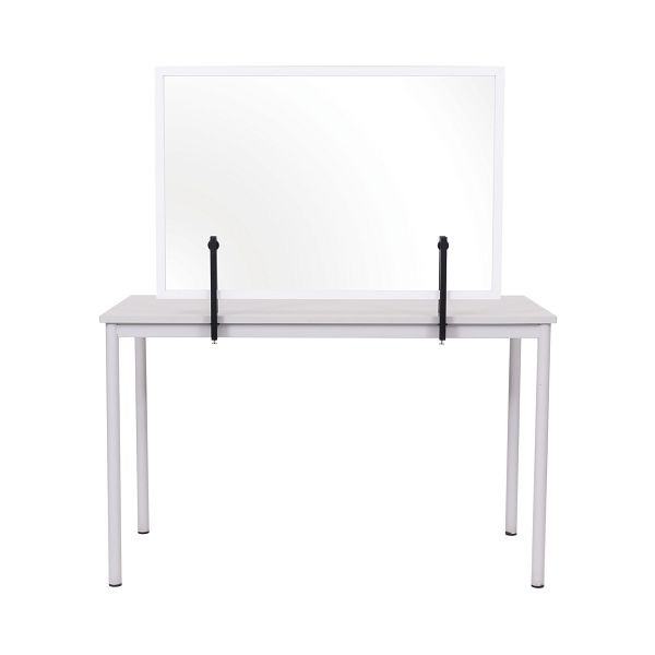 Cloison Bi-Office, protection contre les éclaboussures Panneau acrylique avec clips métalliques à fixer à la table, avec 2,2 cm de large, cadre en MDF blanc, 104x70 cm, AC03016681