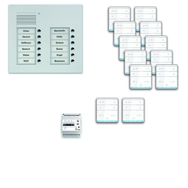 Système de commande de porte audio TCS : pack UP pour 12 unités résidentielles, poste extérieur PUK 12 boutons de sonnerie 2 colonnes, 12x haut-parleur mains libres ISW5010, commande, PPUF12 / 2-EN / 01
