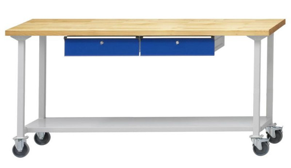 Table de travail ANKE; mobile; 2000x800 mm; RAL 7035/5010; 2xHängeschublade; 1x étagère de rangement en tôle d'acier de 600 mm de profondeur