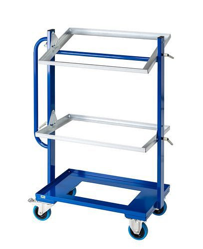 Chariot latéral Kongamek KM pour caisses Euro, 2 étagères basculantes, galvanisé/bleu, roulettes élastiques, butée, 269134