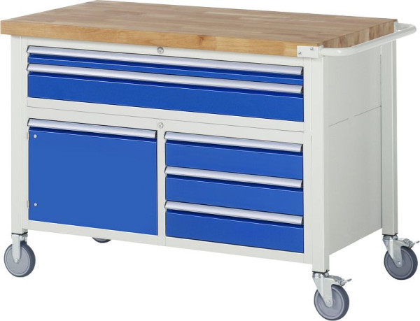 Etabli mobile RAU modèle 8922, 1250x700x920-1120mm, en haut : 60, 120mm, en bas à gauche : porte battante, en bas à droite : 3x120mm, 05-8922A2-127B4H.11