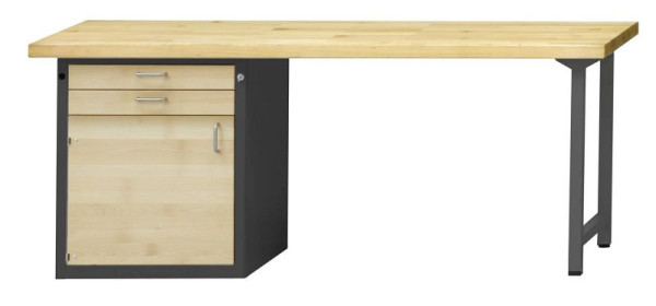 Établi combiné ANKE; 2000x700 mm; RAL 7016 / hêtre ciré naturel; Hêtre plaque solide; Élément bas gauche 660x615 mm, 2 tiroirs; 1 porte