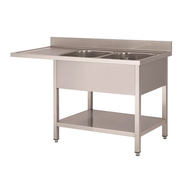Évier Gastro-Inox avec 2 vasques à droite, base et emplacement pour lave-vaisselle, 1600 mm, complet avec trop-plein et vanne de vidange, 305.514