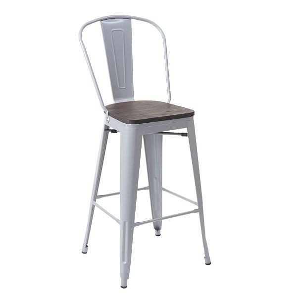 Tabouret de bar Mendler HWC-A73 avec assise en bois, tabouret de bar avec dossier, design industriel en métal, gris, 74898