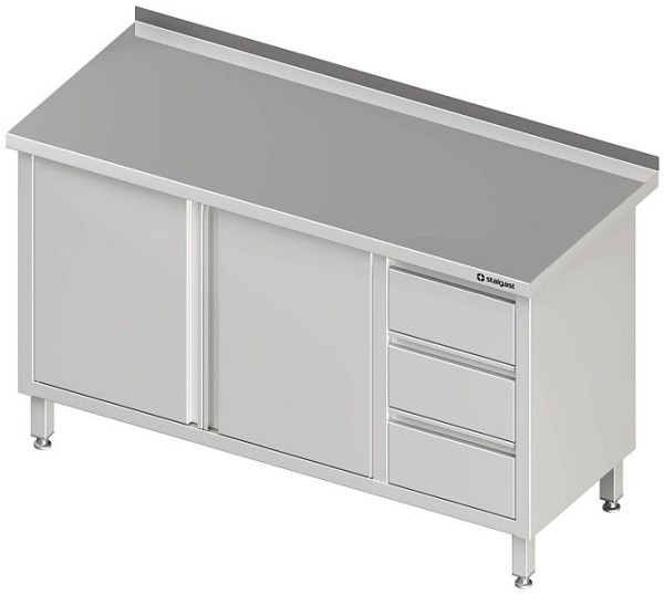 Armoire de travail Stalgast avec portes battantes, 1100x700x850 mm, avec bloc 3 tiroirs à gauche, avec dosseret, soudé, VAS11705LA