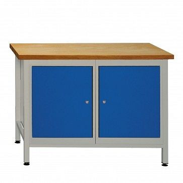 Etabli ADB 2 portes, dimensions : 1200x600x840mm (LxPxH), couleur table de travail : gris, RAL 7035, couleur porte : bleu clair (RAL 5012), 41927