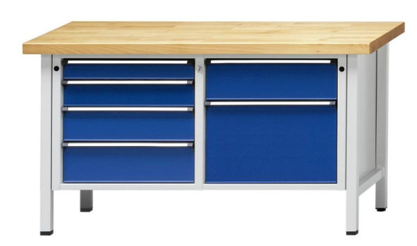 Établi d'armoire ANKE; 1500x700 mm; RAL 7035/5010; A gauche 4 tiroirs 90, 120, 150, 180 mm; A droite 2 tiroirs 180, 360mm