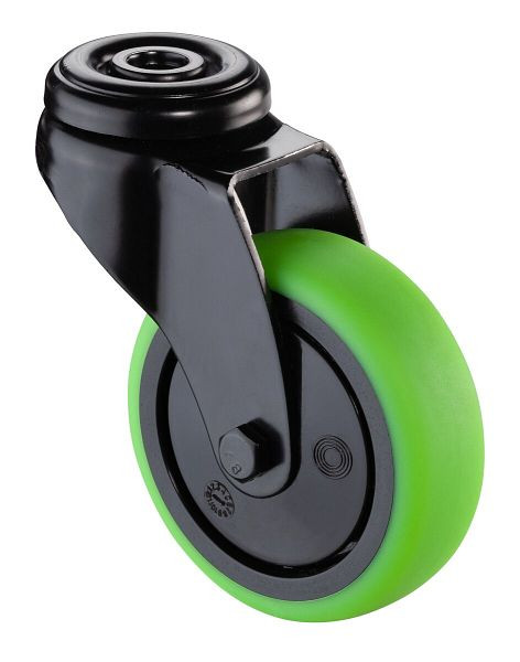 Roulettes BS Roulette pivotante noire, roue en caoutchouc thermoplastique vert, jante noire, roulement à billes, trou arrière, diamètre : 75 mm, pack : 4 pièces, A801.A85.075.04