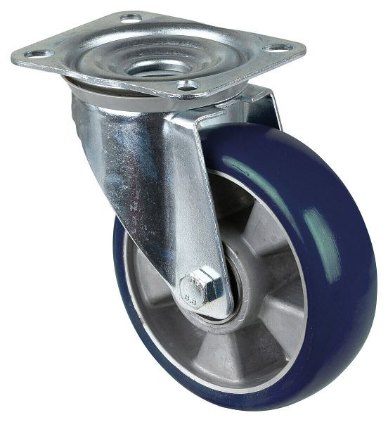 Roulette pivotante pour charges lourdes BS Wheels, roue en polyuréthane 83 Shore, jante en aluminium, roulement à billes, platine, diamètre : 160 mm, RR100.B92.160