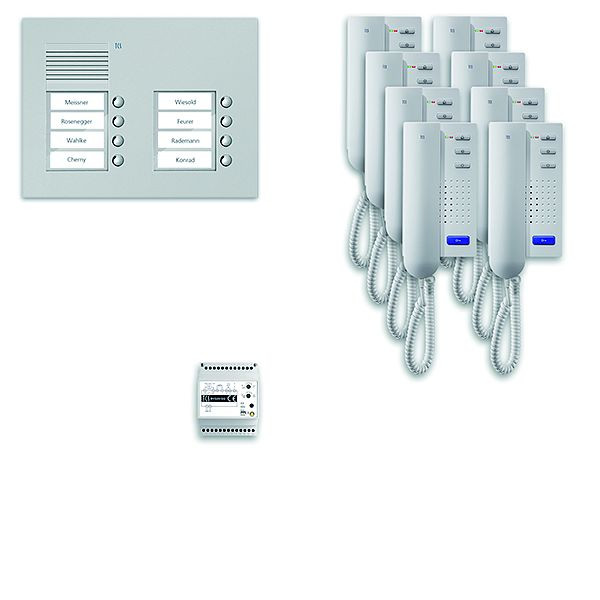 Système de commande de porte audio TCS : pack UP pour 8 unités résidentielles, avec poste extérieur PUK 8 boutons de sonnerie 2 colonnes, 8x interphones ISH3030, unité de commande, PPU08 / 2-EN / 02