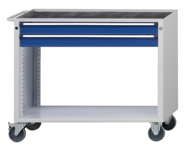 Chariot d'atelier ANKE; 1140x650x970 mm; RAL 7035/5010; Plateau en hêtre massif 40 mm; Boîtier monobloc; 2x tiroir continu 90 mm, 460.253