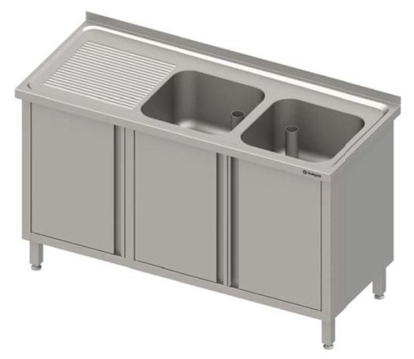 Meuble évier Stalgast avec portes battantes 1100x700x850 mm, avec deux vasques à gauche, avec dosseret, soudé, VSK11722LA