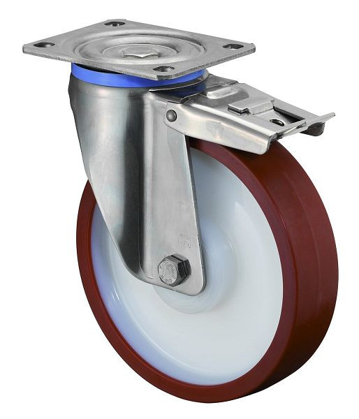 Roulettes BS Roulette robuste en acier inoxydable avec frein, B50 mm, Ø200 mm, jusqu'à 700 kg, surface polyuréthane rouge, roulement à rouleaux, HS120.B28.200