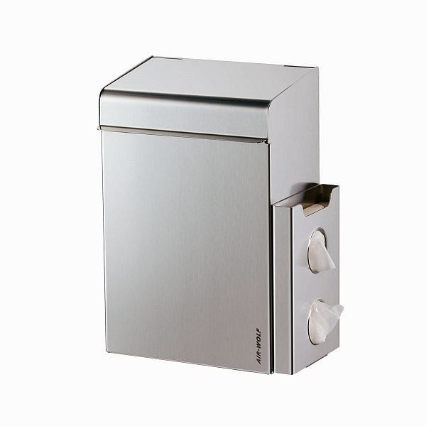 Conteneur à déchets hygiéniques Air Wolf avec distributeur de sacs, série Lobo, avec support de sac à l'avant : H x L x P : 342 x 220 x 163 mm, acier inoxydable brossé, 40-100