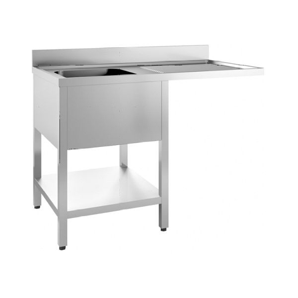 Évier Gastro-Inox avec 1 vasque à gauche, base et emplacement pour lave-vaisselle, 1200 mm, complet avec trop-plein et vanne de vidange, 305.511