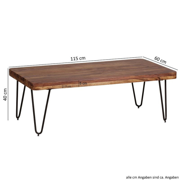 Wohnling table basse BAGLI en bois de Sesham massif 115 cm de large design pieds en métal style maison de campagne, WL1.511