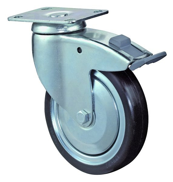 Roulettes BS Roulette pour appareils lourds avec frein, largeur 32 mm, Ø125 mm, 100 kg, caoutchouc gris, conducteur, roulement à billes, platine, lot de 2, C120.A89.125