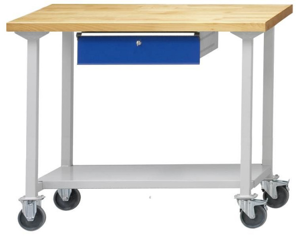 Table de travail ANKE; mobile; 1270x800 mm; RAL 7035/5010; 1xHängeschublade; 1x étagère de rangement en tôle d'acier de 600 mm de profondeur