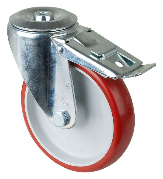 Rouleau de transport BS rollers avec frein, largeur 35 mm, Ø150 mm, jusqu'à 150 kg, bande de roulement en polyuréthane rouge, corps en plastique, roulement à rouleaux, L121.B31.150