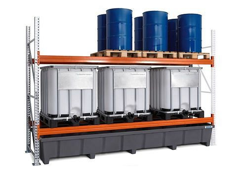 Rayonnage à palettes pour matières dangereuses DENIOS, champ complémentaire, 2 niveaux de stockage, bac de récupération en plastique, 3400 x 1315 x 2700 mm, 305696