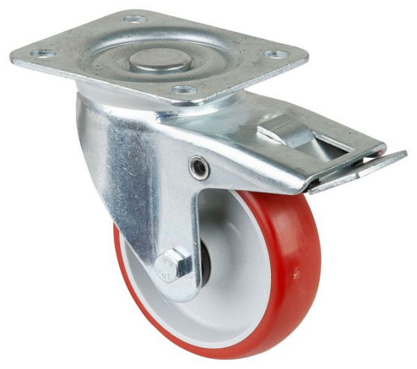 Rouleau de transport BS rollers avec frein, largeur 30 mm, Ø100 mm, jusqu'à 140 kg, polyuréthane rouge, corps en plastique, roulement à rouleaux, plateau, LB520.B31.100