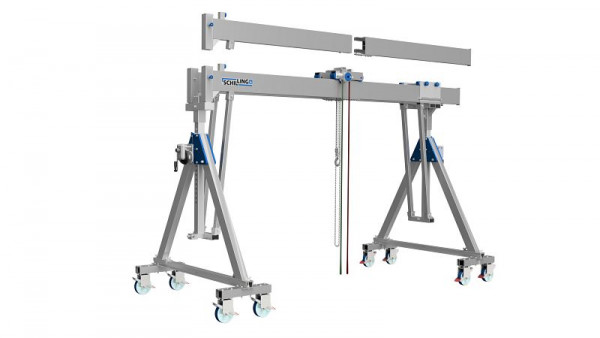 Portique aluminium SCHILLING, mobile sous charge, pliable, divisible poutre 6 m, petit, capacité de charge 3000 kg, plage de réglage support poutre : 350 mm, 14403060-48