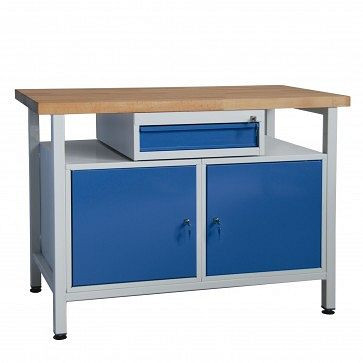 Etabli ADB 1 tiroir + 2 portes et étagère, dimensions : 1200x600x840mm (LxPxH), couleur table de travail : gris, RAL 7035, couleur tiroir : bleu clair, RAL 5012, 41942