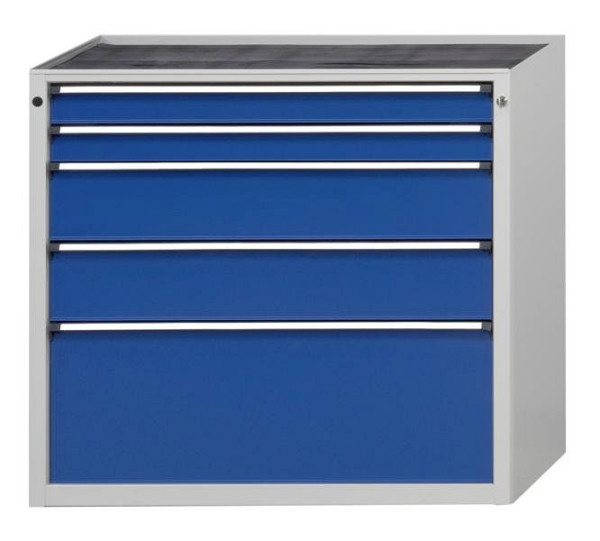 Armoire à outils ANKE; 1065 x 700 x 1020 mm; RAL 7035/5010; Plateau en hêtre massif 40 mm; 5 tiroirs 90, 90, 180, 180, 360 mm, 610.417